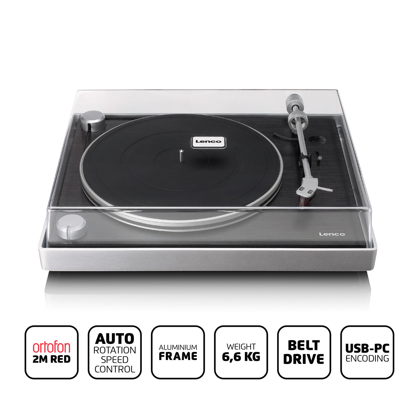 Lenco L-455BK - Platine vinyle avec entraînement par courroie visible, cadre en aluminium brossé et cellule à aimant mobile Ortofon 2M RED - Noir