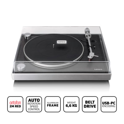 Lenco L-455BK - Platine vinyle avec entraînement par courroie visible, cadre en aluminium brossé et cellule à aimant mobile Ortofon 2M RED - Noir