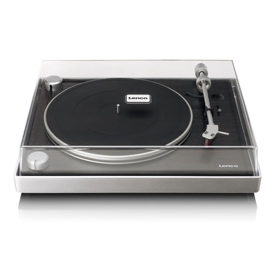 Lenco L-455BK - Platine vinyle avec entraînement par courroie visible, cadre en aluminium brossé et cellule à aimant mobile Ortofon 2M RED - Noir