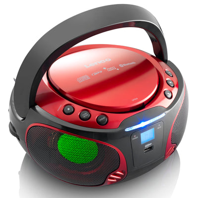 Lenco SCD-550RD - Radio FM et lecteur CD/MP3/USB/Bluetooth® portable avec éclairage LED - Rouge