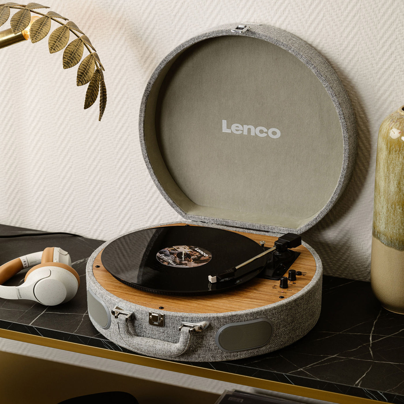 Lenco LS-66GY - Platine vinyle rétro en bois avec haut-parleurs intégrés, Bluetooth® et cellule AT3600L - Gris