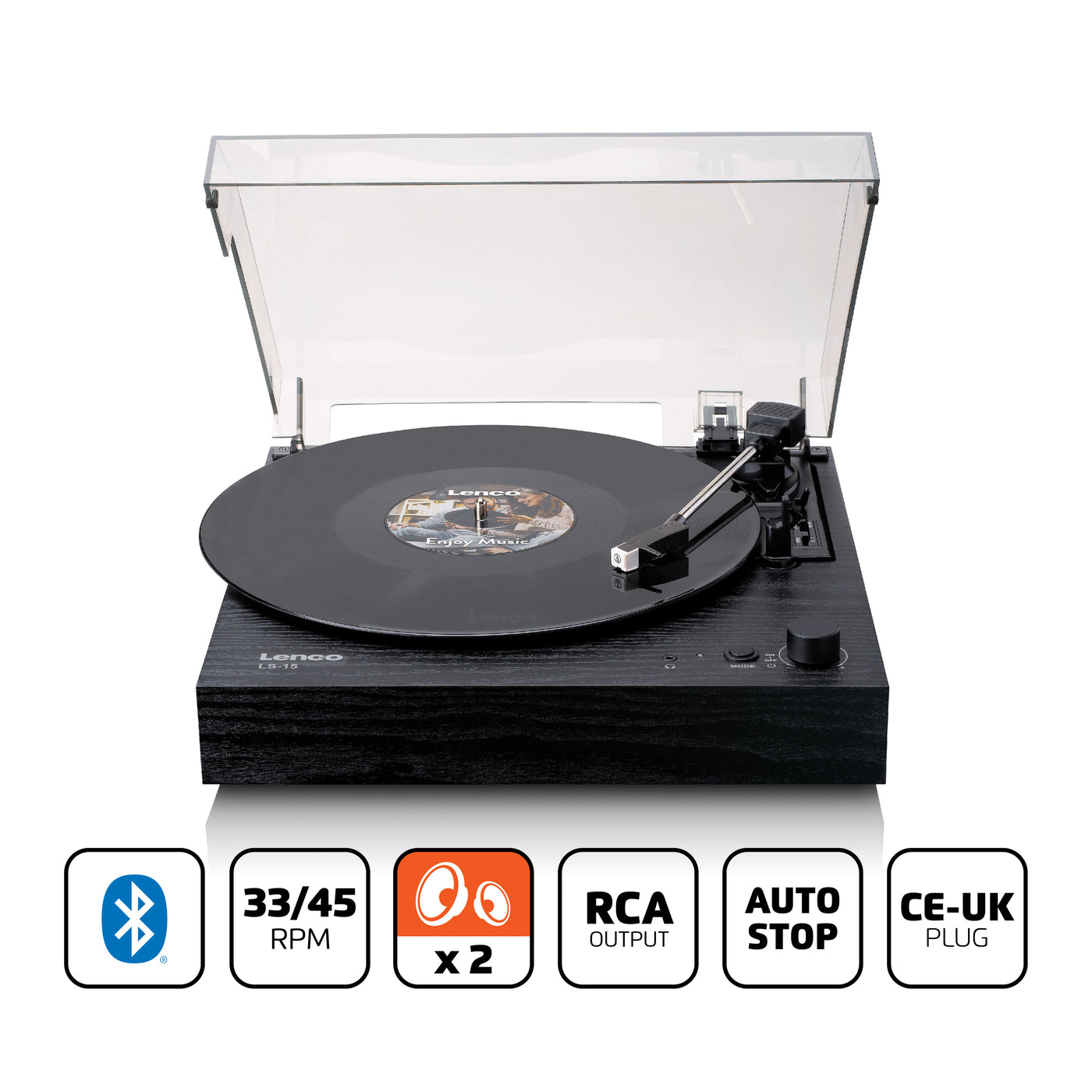 Lenco LS-15BK - Platine vinyle avec Bluetooth®, deux haut-parleurs intégrés et cellule AT3600L - Noir