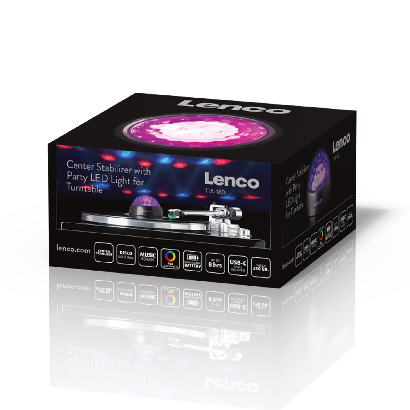 Lenco TTA-180TN - Stabilisateur vinyle avec effets lumineux RGB - Poids de pression pour platine vinyle de 250 g et boule disco en un – Titane