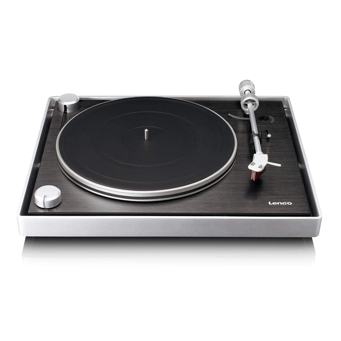 Lenco L-455BK - Platine vinyle avec entraînement par courroie visible, cadre en aluminium brossé et cellule à aimant mobile Ortofon 2M RED - Noir