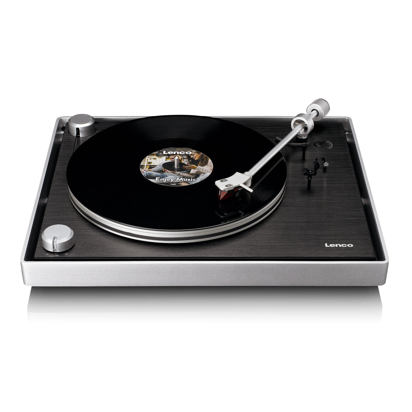 Lenco L-455BK - Platine vinyle avec entraînement par courroie visible, cadre en aluminium brossé et cellule à aimant mobile Ortofon 2M RED - Noir