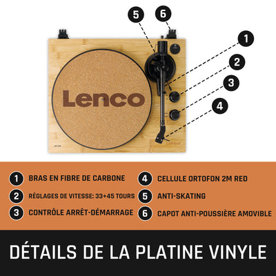 Lenco LBT-335BA - Platine vinyle avec Bluetooth®, boîtier en véritable bambou et cellule Ortofon 2M Red