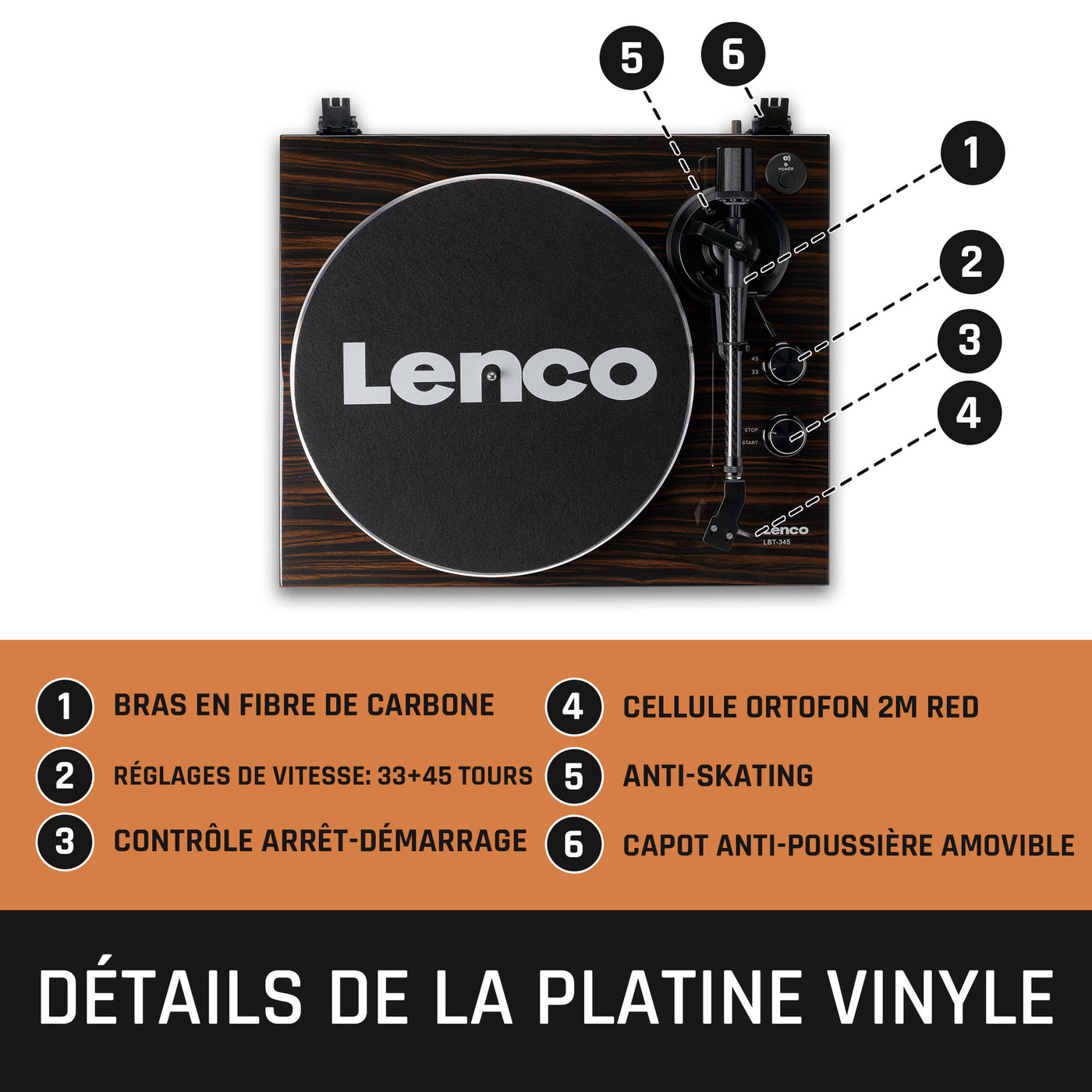 Lenco LBT-345WA - Platine vinyle avec Bluetooth® et cellule Ortofon 2M Red, stabilisateur de plateau chromé inclus - Noyer