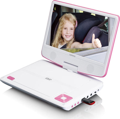 Lenco DVP-920PK - Lecteur DVD portable de 9 pouces avec casque, port USB et dispositif de suspension - Rose/blanc