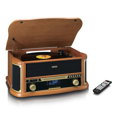 Classic Phono TCD-2571WD - Platine vinyle rétro en bois avec Bluetooth®, radio DAB+/FM, encodage USB, lecteur CD, lecteur de cassette et haut-parleurs intégrés - Bois