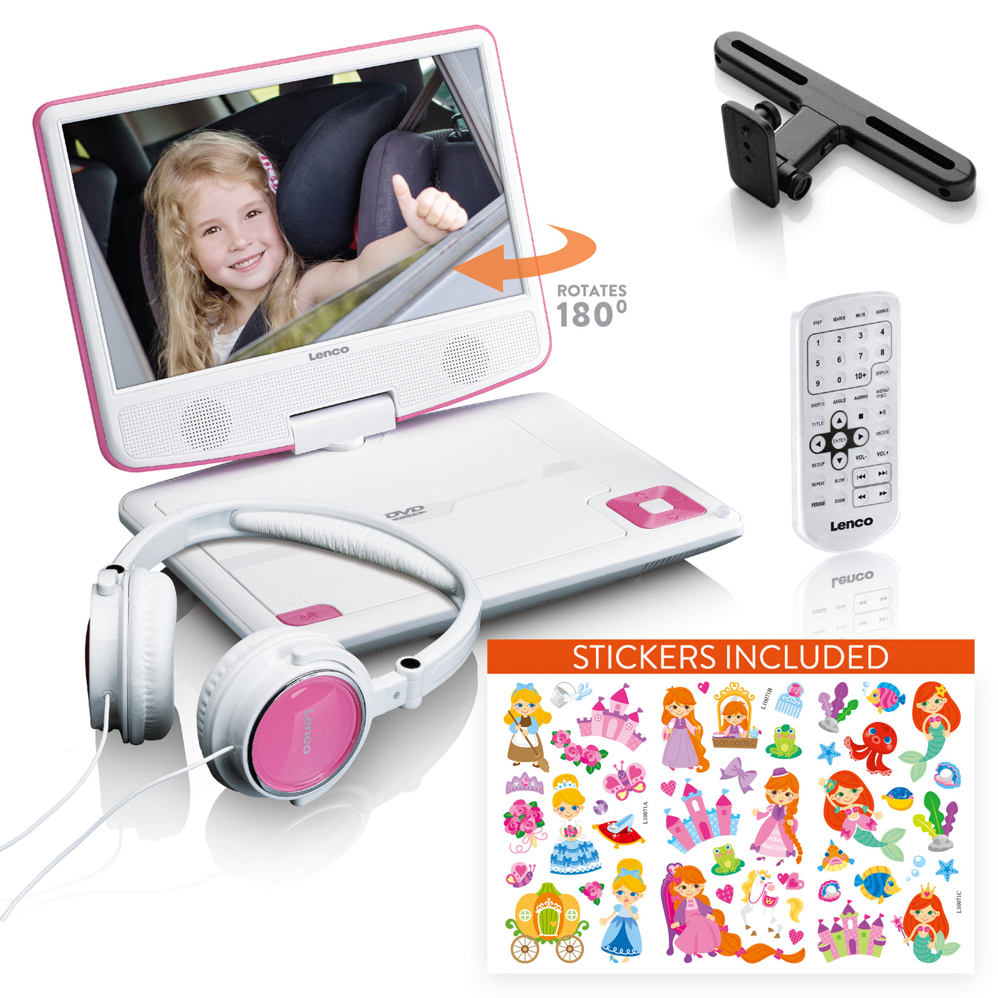 Lenco DVP-920PK - Lecteur DVD portable de 9 pouces avec casque, port USB et dispositif de suspension - Rose/blanc