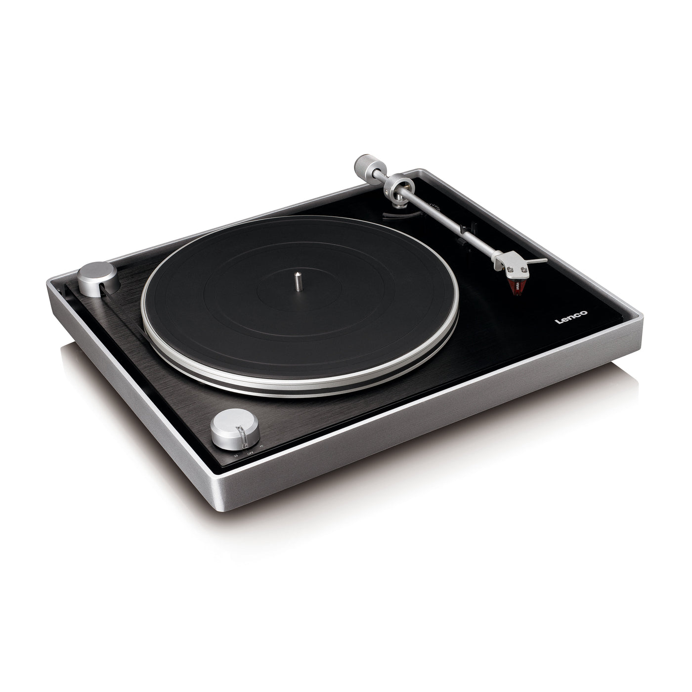 Lenco L-455BK - Platine vinyle avec entraînement par courroie visible, cadre en aluminium brossé et cellule à aimant mobile Ortofon 2M RED - Noir