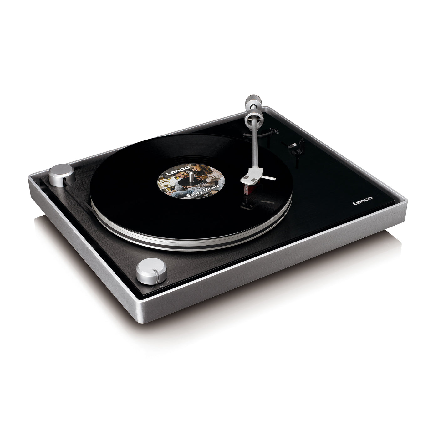 Lenco L-455BK - Platine vinyle avec entraînement par courroie visible, cadre en aluminium brossé et cellule à aimant mobile Ortofon 2M RED - Noir