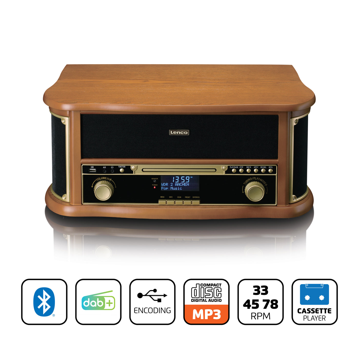 Classic Phono TCD-2571WD - Platine vinyle rétro en bois avec Bluetooth®, radio DAB+/FM, encodage USB, lecteur CD, lecteur de cassette et haut-parleurs intégrés - Bois